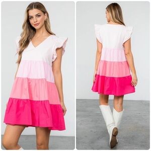 THML Pink Colorblock Flutter Sleeves V Neck Mini‎ Dress Size Small